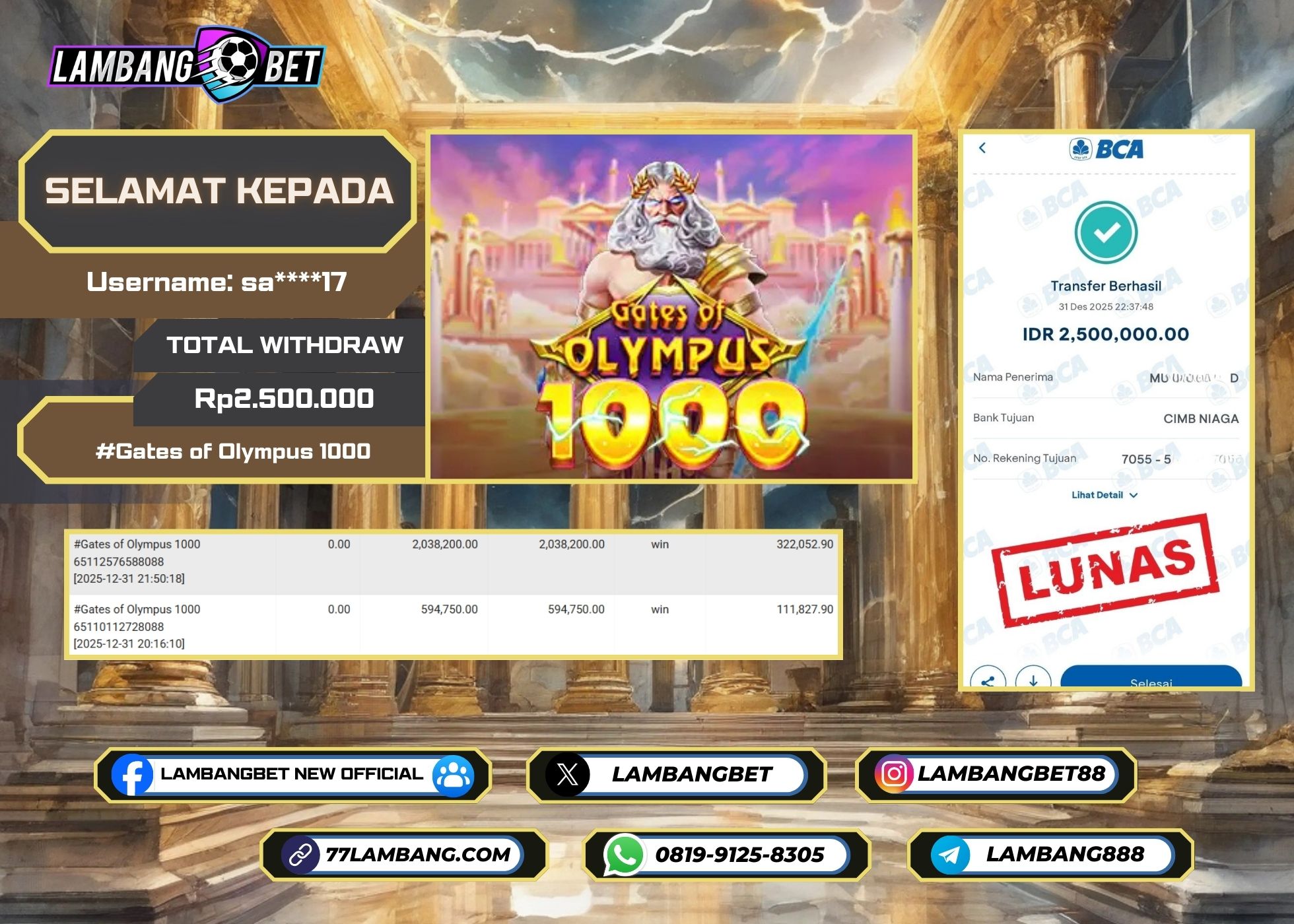 LAMBANGBET [31 DESEMBER 2025] JACKPOT SLOT Gates of Olympus 1000 "Rp2.500.000" LUNAS